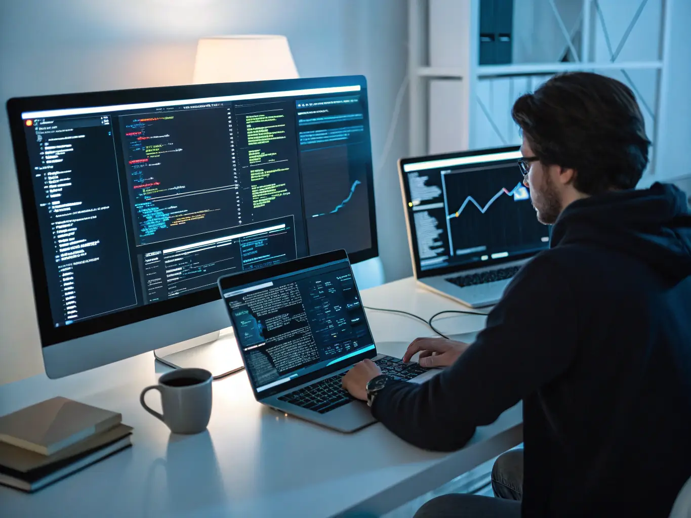 A professional workspace setup with multiple monitors displaying complex Python code and data visualizations, symbolizing the advanced skills and career opportunities gained from the advanced Python course.