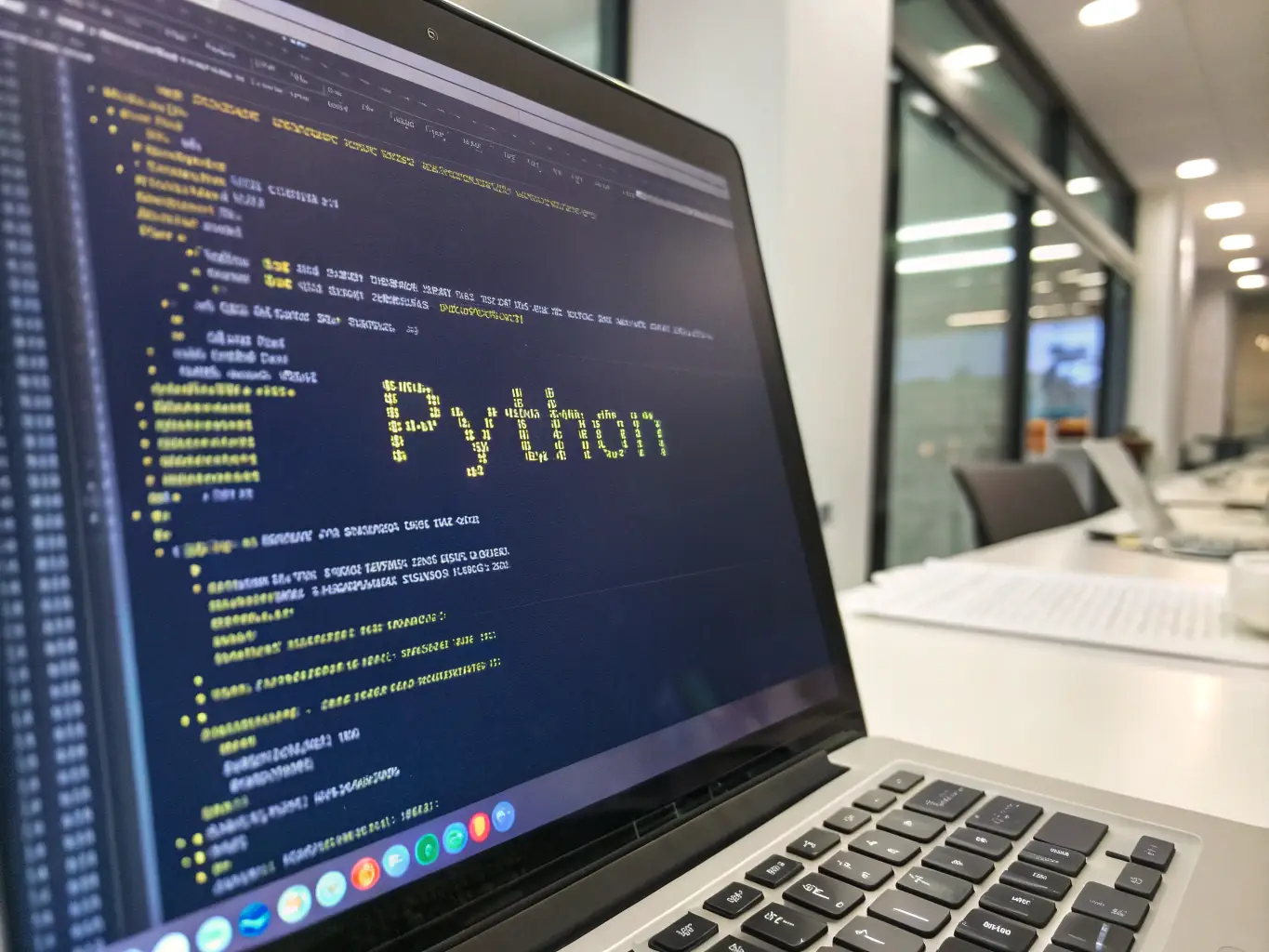 A focused shot of a laptop screen displaying Python code, with a blurred background of a student learning in a modern, well-lit environment, emphasizing the accessibility and modern approach of the online Python courses.