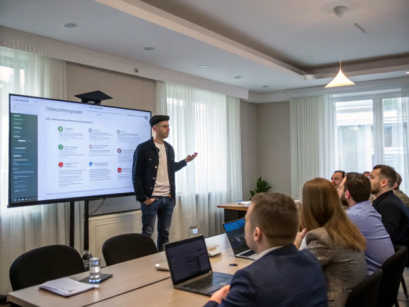 A graduate of PromiseIO confidently presenting a Python-based project to a potential employer, demonstrating the career-boosting potential of the school's training.