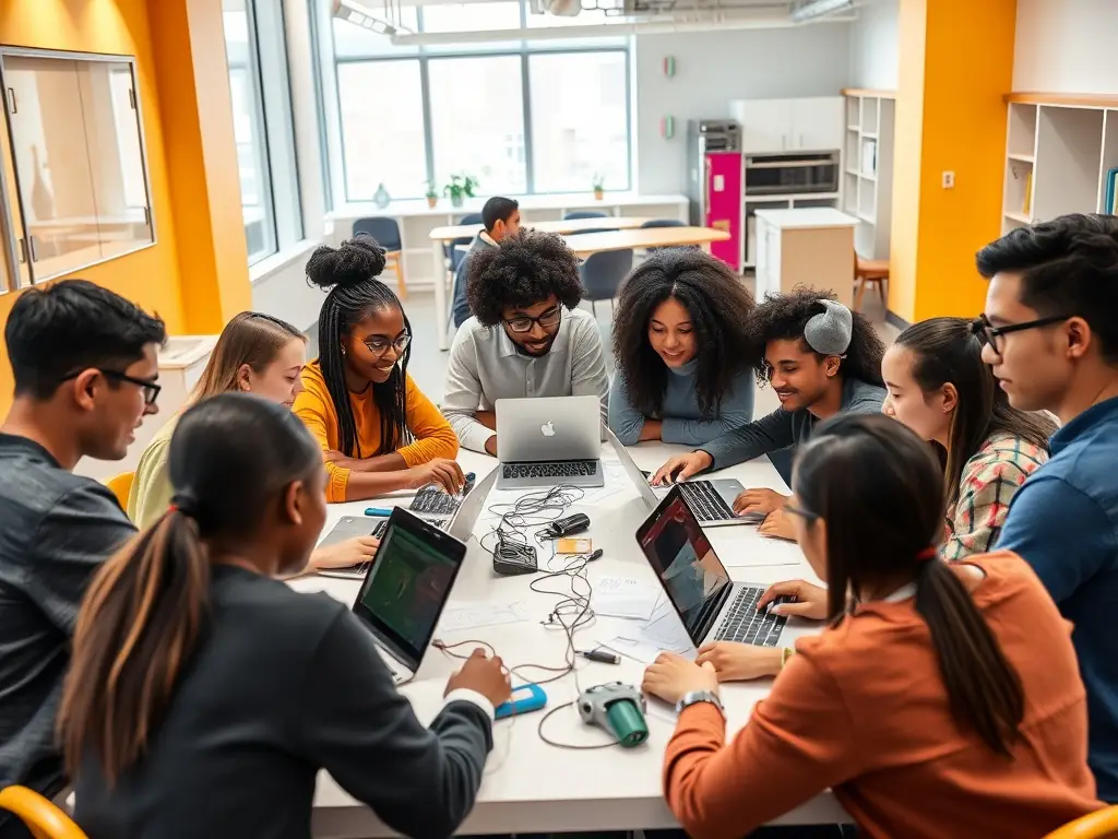 A diverse group of students collaborating on a Python project in a modern, online learning environment, showcasing the collaborative and supportive community at PromiseIO.