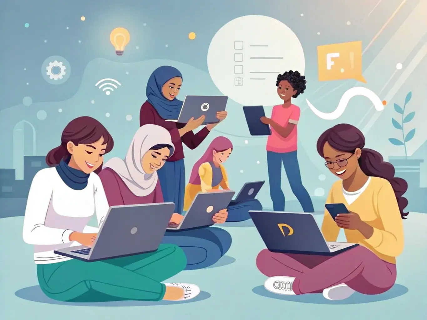 An image depicting a group of diverse students collaborating on a Python project during an online class, highlighting the interactive and community-driven aspect of the courses.