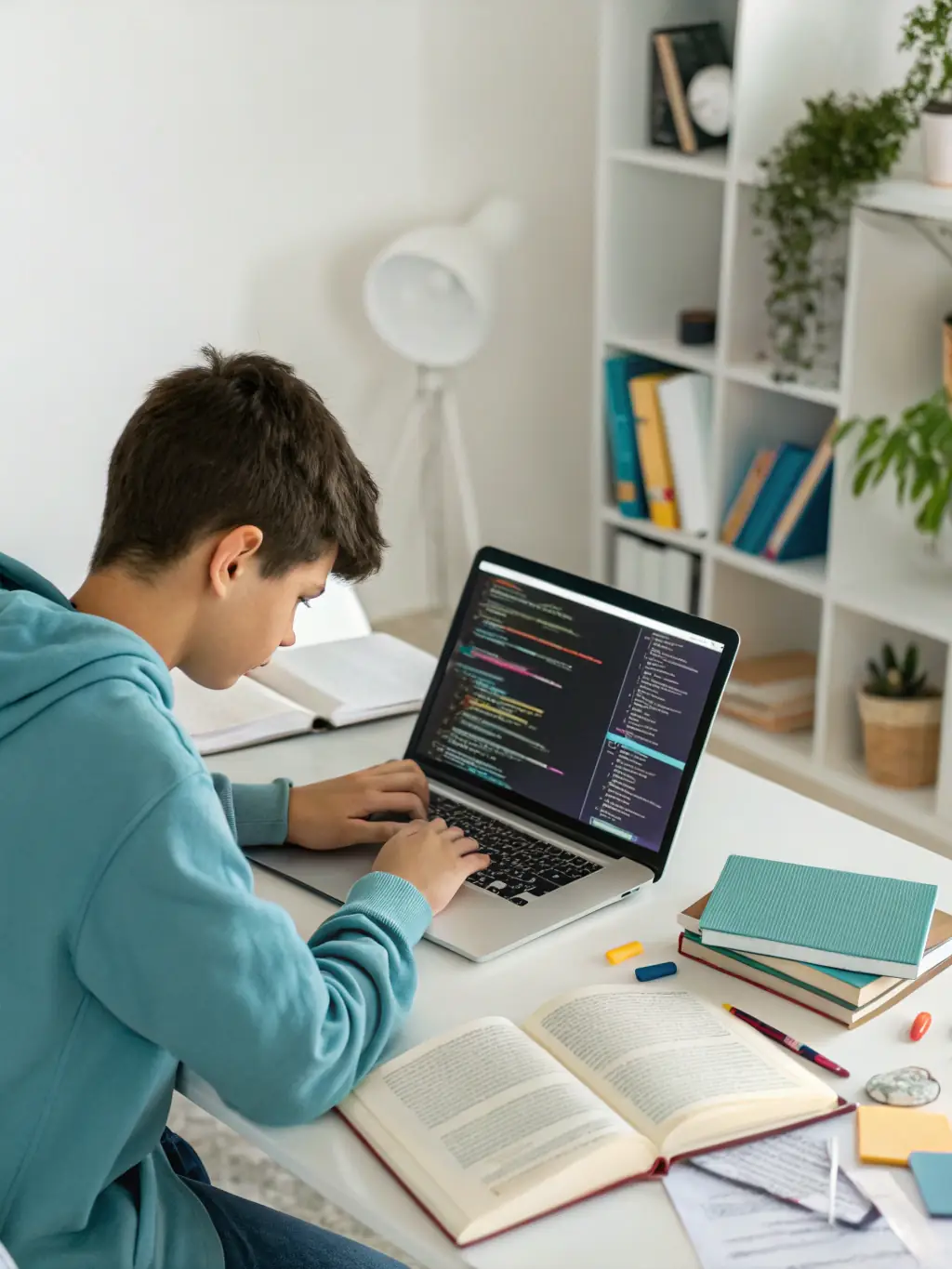 A student enthusiastically coding on a laptop, surrounded by Python textbooks and notes, in a modern South African home setting.